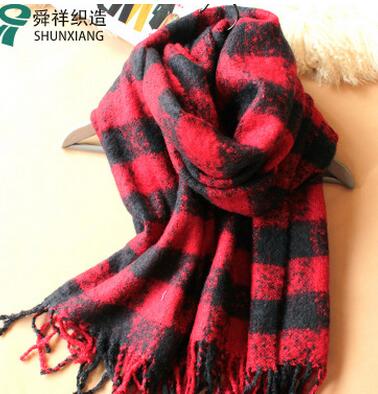 秋冬新款韩版仿羊绒围巾 圈圈纱格子围巾红色保暖格子女士围巾