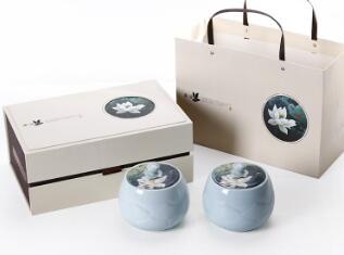 中式陶瓷茶叶罐精美礼盒套装可定制 新款2罐1盒青瓷陶罐厂家直销