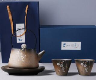 日式樱花茶具套装整套旅行茶具手工粗陶和风提梁壶窑变礼品茶具