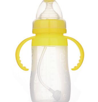 婴儿全硅胶奶瓶 宽口径有柄自动吸管硅胶奶瓶240ml 婴儿用品批发