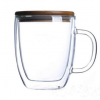 批发加厚 双层杯透明耐高温玻璃咖啡杯竹盖玻璃盖马克杯
