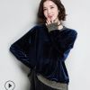 2018春季新款韩版时尚丝绒卫衣 长袖圆领修身拼接女式绒衫批发