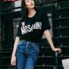 2018夏刘雯同款黑色字母印花圆领短袖T恤亲子装一家三口半袖衫潮