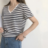 自制 高品质亚麻V领条纹短袖ins风 女2018夏季新款韩版舒适T恤