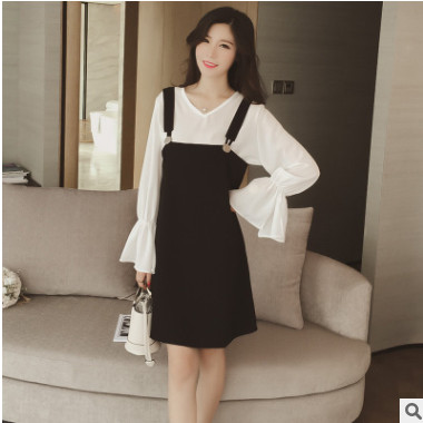 韩版秋季新款喇叭袖上衣宽松直筒背带连衣裙套装裙两件套装女C301