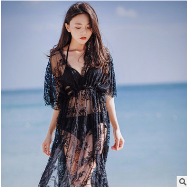 2017韩国新款黑色三件套泳衣女BIKINI宽松长袖防晒衣比基尼罩衫