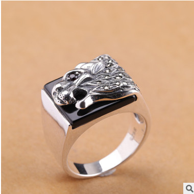 人品银品厂商直销S925纯银饰品个性男式复古龙手工银黑玛瑙戒指