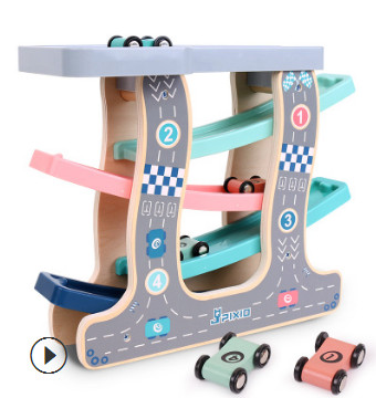铭塔木制滑翔车玩具趣味轨道车经典木质急速赛车3层7层停车场玩具
