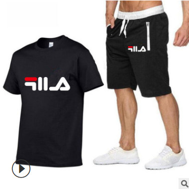 ebay外贸热销夏季新款外贸男装短袖t恤+短裤套装时尚字母印花T恤
