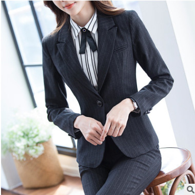 条纹西装套装女秋2017新款韩版时尚大码正装工装职业装长裤两件套
