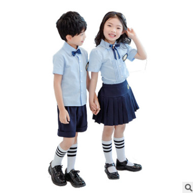 安果儿幼儿园中学小学校服定制毕业团体演出服装浅蓝短袖花边衬衫