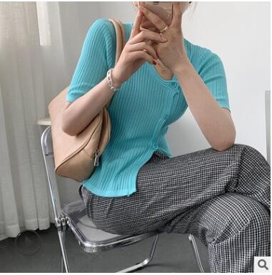 2021夏季新款韩版冰丝针织开衫女修身不规则短袖上衣女条纹