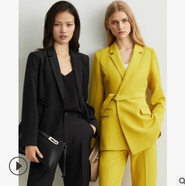 明星同款春秋新款韩版西服黄色直筒两件套腰带美业职业西装套装女
